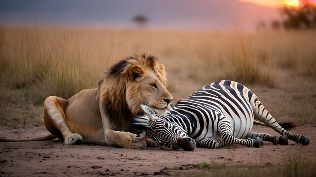A lion and zebra resting together in a savannah landscape during sunset. The lion appears to be gently touching the zebra in a moment of unexpected tenderness - Powered by Adobe