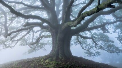 Mystical tree stands strong in the fog, an ethereal scene with large branches reaching towards the sky. The weathered bark and expansive roots create a sense of ancient wisdom and serene beauty.