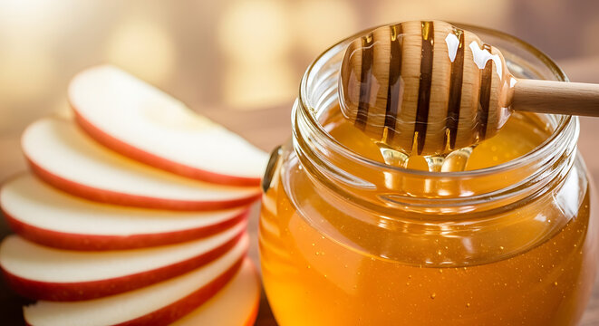 A close up of a honey jar with a wooden dipper and apple slices on a wooden surface in soft light - Powered by Adobe
