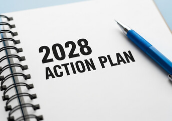 Obraz premium Photo of a 2028 action plan written on a notebook with a pen resting on the side signifying future business strategy
