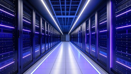 Modern server room illuminated by blue lights