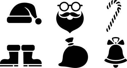 Santa claus christmas hat beard candy cane boots sack bell holiday season festive celebration icon set vector illustration