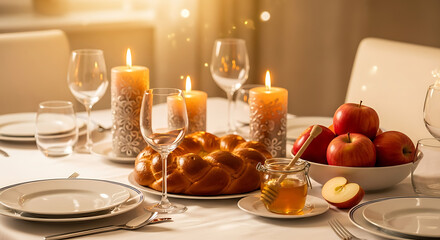 Festive table setting with challah bread apples honey and candles for a special occasion meal