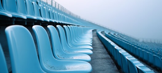 Perspective view of empty blue stadium seats shrouded in mist, creating a calm and serene atmosphere.