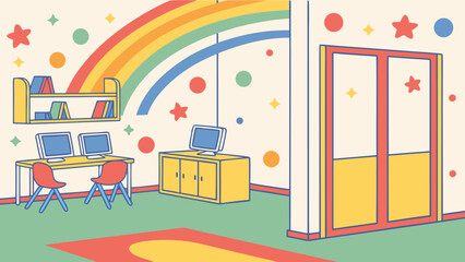 Colorful classroom interior with rainbow stars computers and furniture vector illustration art design vector illustration