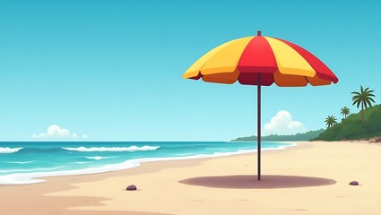 A vibrant beach scene with a red and yellow umbrella casting a shadow on the sand