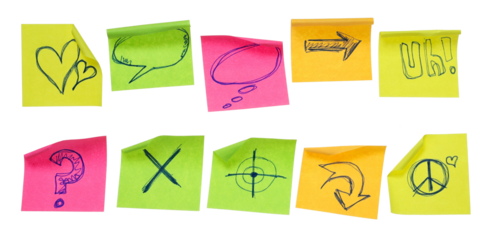 Collection of different colored sheets of note papers, curled corner with drawn symbols, isolated on white background, clipping path