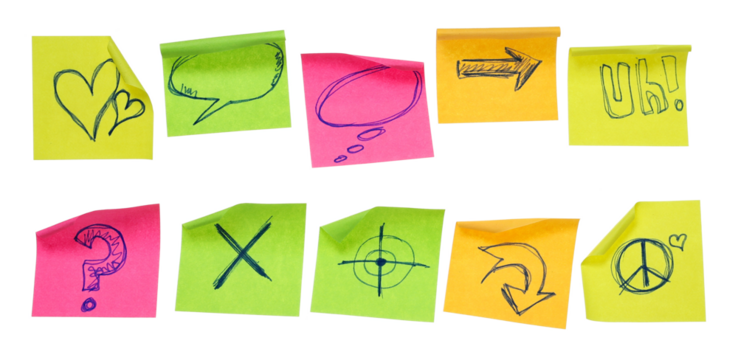 Collection of different colored sheets of note papers, curled corner with drawn symbols, isolated on white background, clipping path