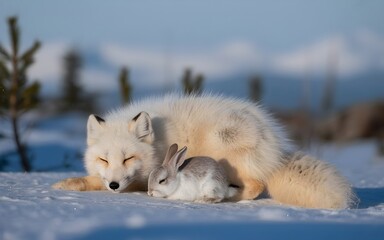 Obraz premium An adorable fox and bunny nestled together in the snowy wilderness, exuding a sense of serenity and peaceful coexistence.