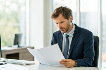 Naklejka premium Focused Businessman Analyzing Financial Documents for Approval in Bright Office