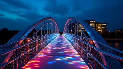 Illuminated modern bridge walkway at night with colorful lights and city buildings in background