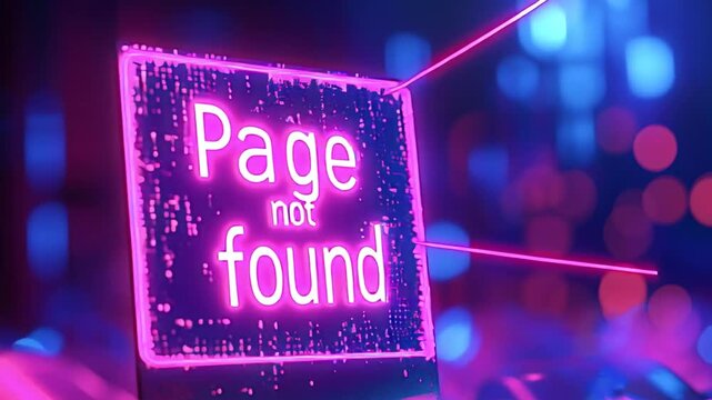 Futuristic digital screen presenting neon pink 404 error message glowing against blurred background with vibrant pink and blue bokeh illumination