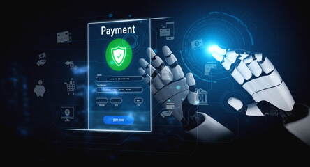 Obraz premium AI secures online payments through smart fraud detection, encrypted financial systems, and virtual assistants for smooth, safe digital transactions. Vouch