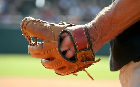 Close-up of a baseball player's hand wearing a glove, with the field in the background