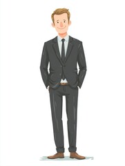 Fototapeta premium A cheerful cartoon man in a suit stands confidently with hands in pockets, This image can be used for business promotions, self-improvement articles, or topics related to professionalism,