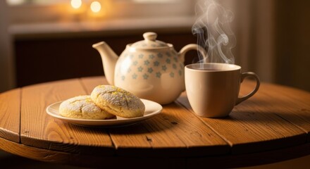 Steaming cup of tea with cookies and patterned teapot on wooden table image