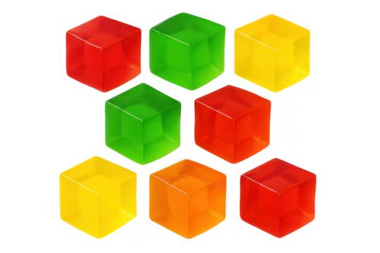 Colorful gelatin cubes on transparent background forming a pattern