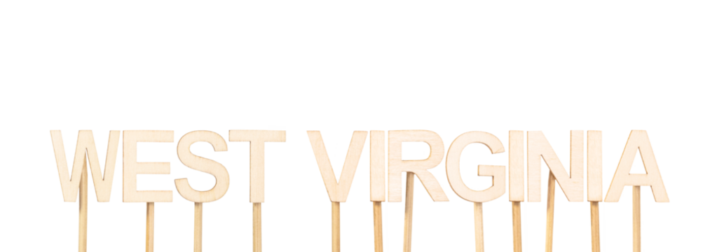 Name of the state of West Virginia formed with handcrafted wooden letters, useful image for graphic content on state geography, cultural history, or children's educational material