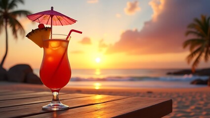 Tropical cocktail with umbrella and pineapple on a beach at sunset with ocean view
