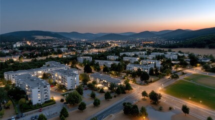 Fototapeta premium A stunning sunset paints a modern building purple, with city lights glowing along a tree-lined street for a breathtaking view.