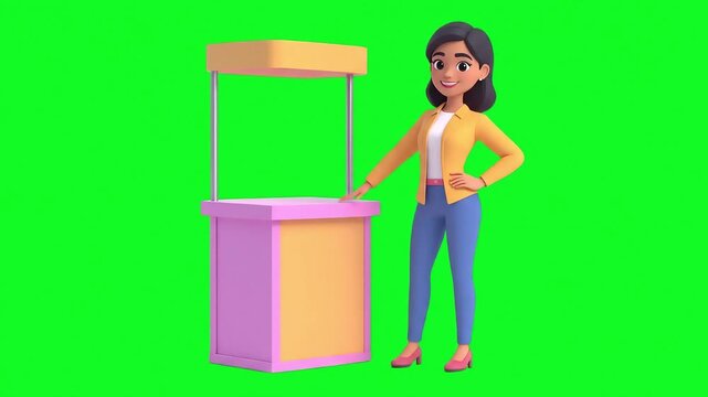 A friendly cartoon woman stands next to a promotional booth, ready to assist customers with a smile and helpful gesture.