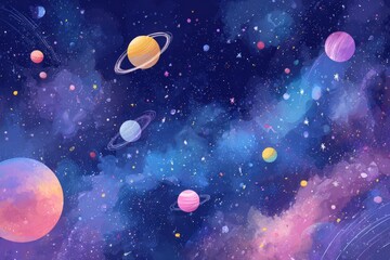 A vibrant cosmic scene featuring colorful planets and distant stars, perfect for science fiction projects, educational materials, or as a decorative backdrop for creative designs,