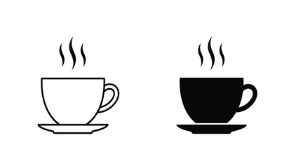 Two simple line art and silhouette icons of a steaming coffee cup and saucer isolated on white background