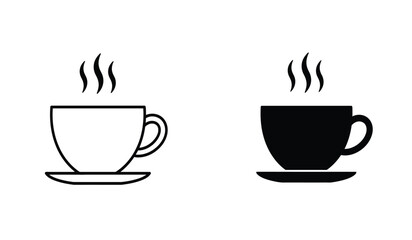 Two simple line art and silhouette icons of a steaming coffee cup and saucer isolated on white background