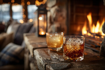 drinks at cozy fireplace
