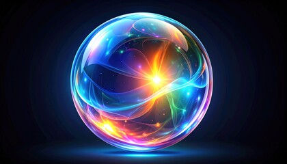 Obraz premium Glowing Transparent Sphere With Internal Holographic Light Displaying Colorful Energy Against Dark Background