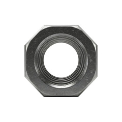 Large shiny metal hex nut industrial hardware close-up isolated on white background