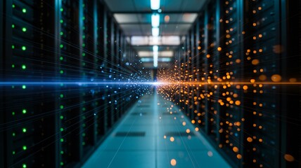 Dynamic data streams flow through modern server room racks
