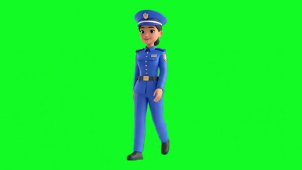 A uniformed female figure stands against a vibrant green screen, showcasing a professional and authoritative presence in a digital setting.