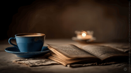 A captivating still life features a steaming coffee cup beside an antique book and soft candle light.