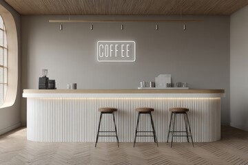 Modern coffee shop interior, featuring a curved bar, light wood floors, and a neon coffee sign