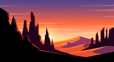 Majestic desert landscape vector illustration with warm sunset hues and jagged rocks perfect for adventure and fantasy themes