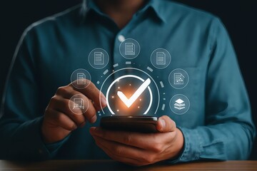 Person using smartphone with digital interface showing approved checkmark and various icons
