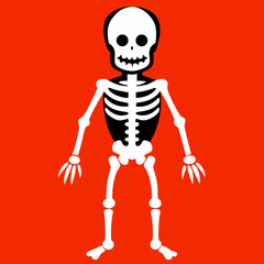 Cartoon skeleton standing against a bright orange background
