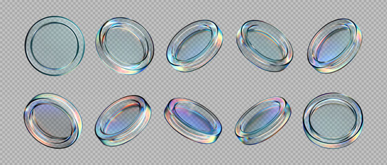 3D transparent glass coin icons with holographic effect, isolated on light background. Render of iridescent flying glassy coins, game tokens, casino chips, digital currency or reward medals. 3D vector