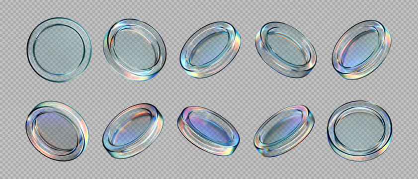 3D transparent glass coin icons with holographic effect, isolated on light background. Render of iridescent flying glassy coins, game tokens, casino chips, digital currency or reward medals. 3D vector