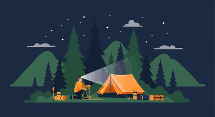 Fototapeta premium Man camping at night in a forest landscape setting up tent under the stars surrounded by trees