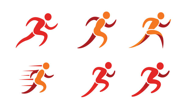 Six stylized abstract human figures in motion representing runners in various dynamic poses and colors isolated on white background