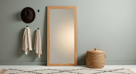 Tall wooden framed mirror with hat and towels on wall and woven basket on floor tall mirror full length mirror