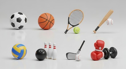 Collection of miniature sports equipment on a white background