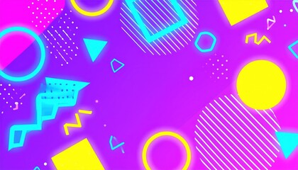Vibrant Retro Neon Memphis Style Background with Abstract Geometric Shapes and Lines
