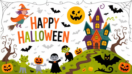 Colorful Halloween-themed illustration featuring a variety of spooky elements on a white background.