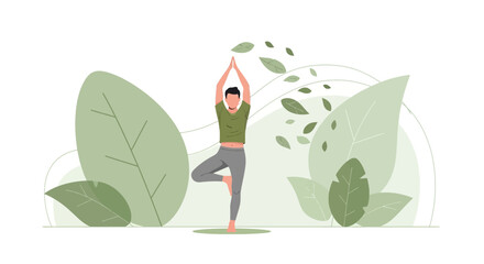 Man practicing yoga in nature with a minimalist background and leaves design for wellness promotion and healthy lifestyle banner