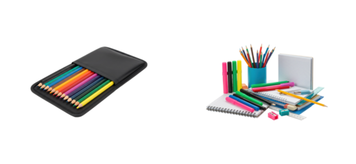Creative drawing tools and stationery supplies on a desk home office environment vibrant colors and organization. Set cut out PNG