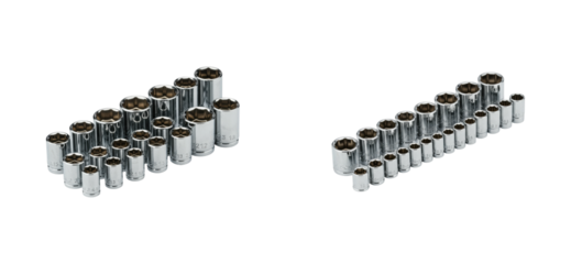 Socket set display workshop product showcase industrial environment top-down tools and equipment. Set cut out PNG