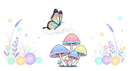 Pastel Wonderland: A Magical Scene with Colorful Mushrooms and a Rainbow Butterfly